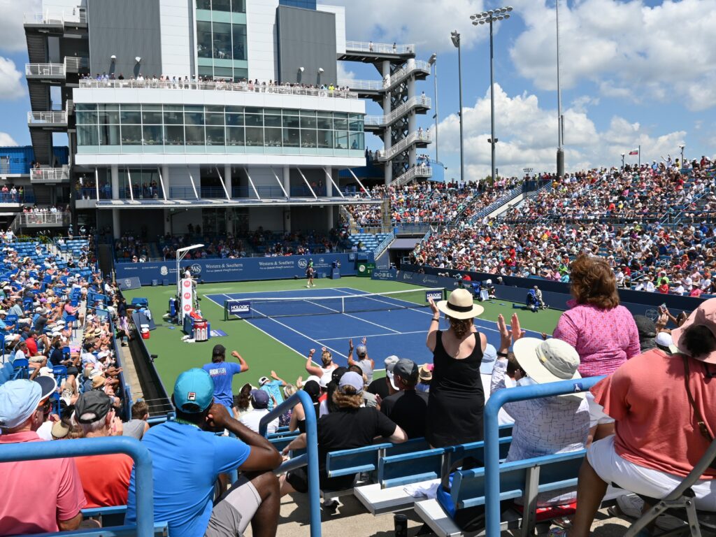 People in stands cheer on tennis players
