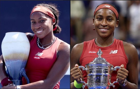 Coco Gauff poses with trophies