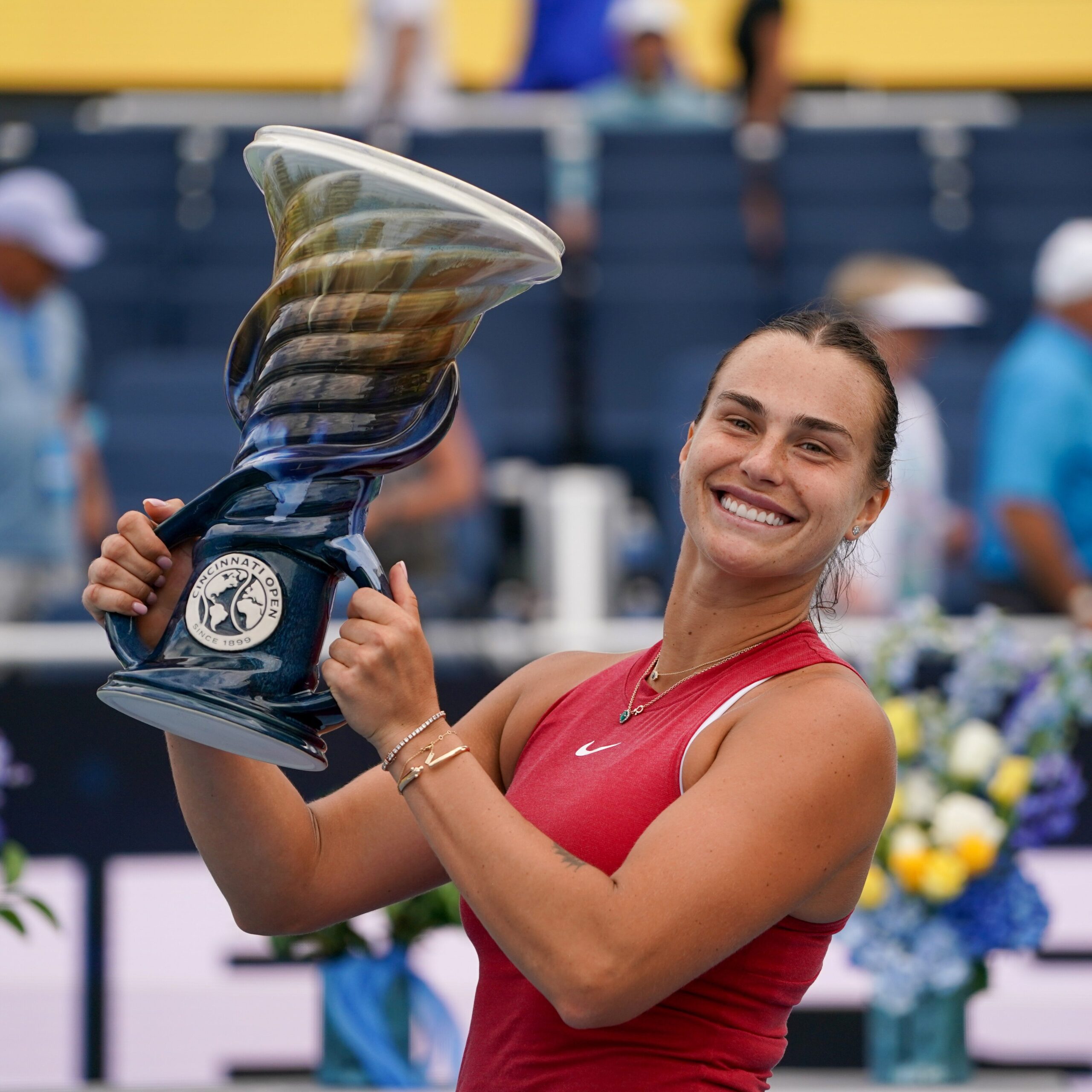 Aryna Sabalenka displays her Cincinnati Open trophy.