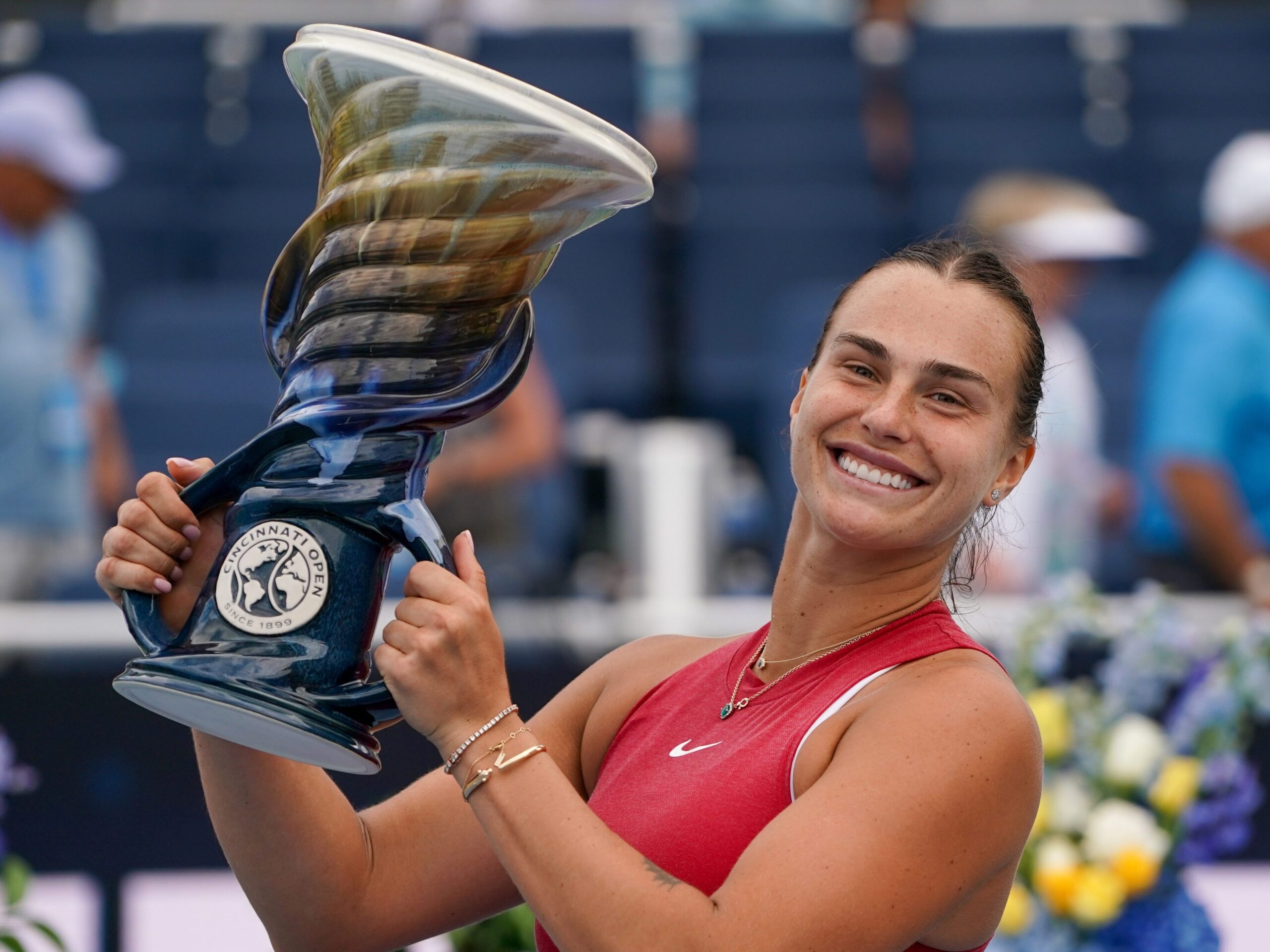 Aryna Sabalenka displays her Cincinnati Open trophy.