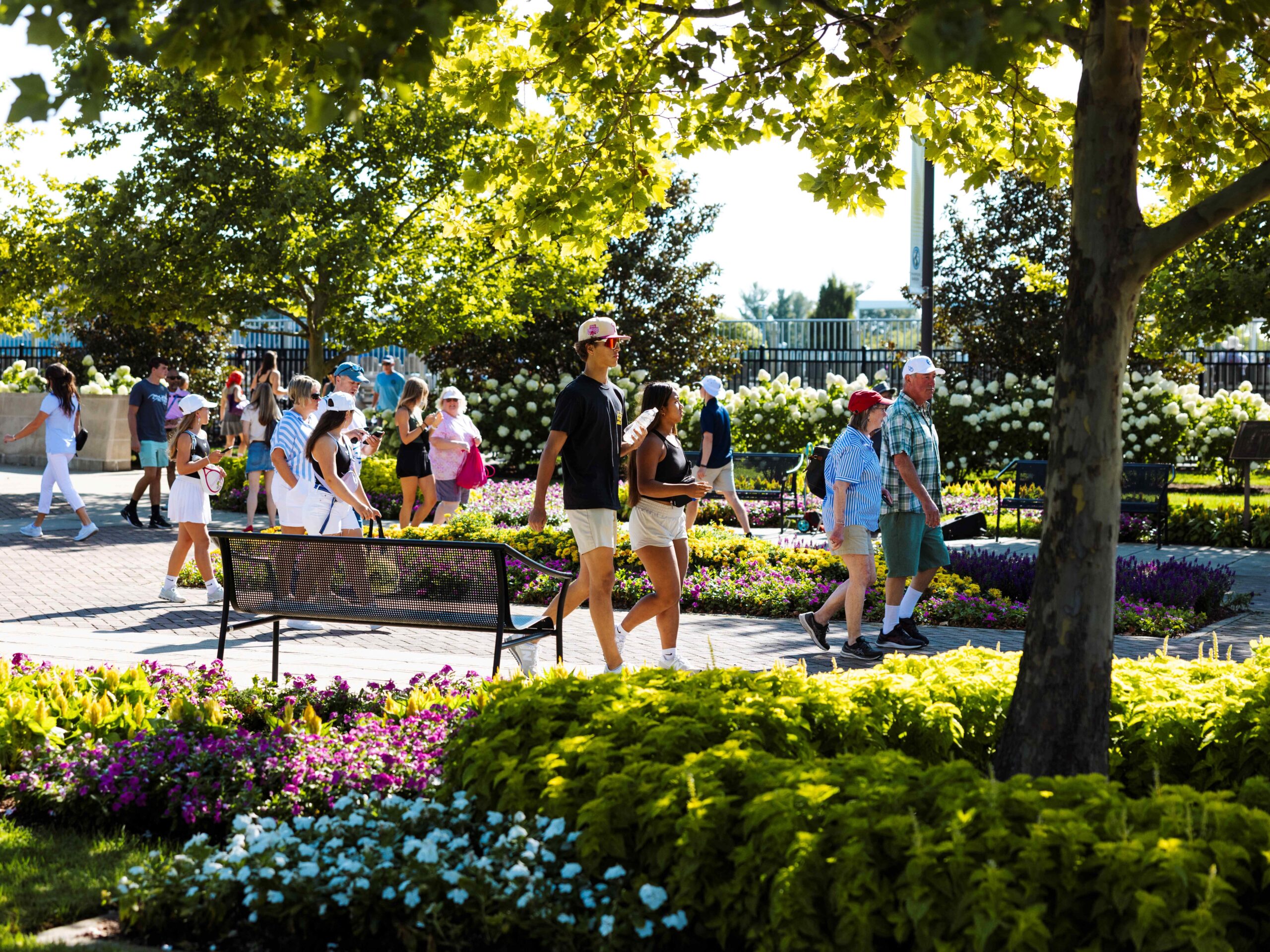 People walking among landscaping