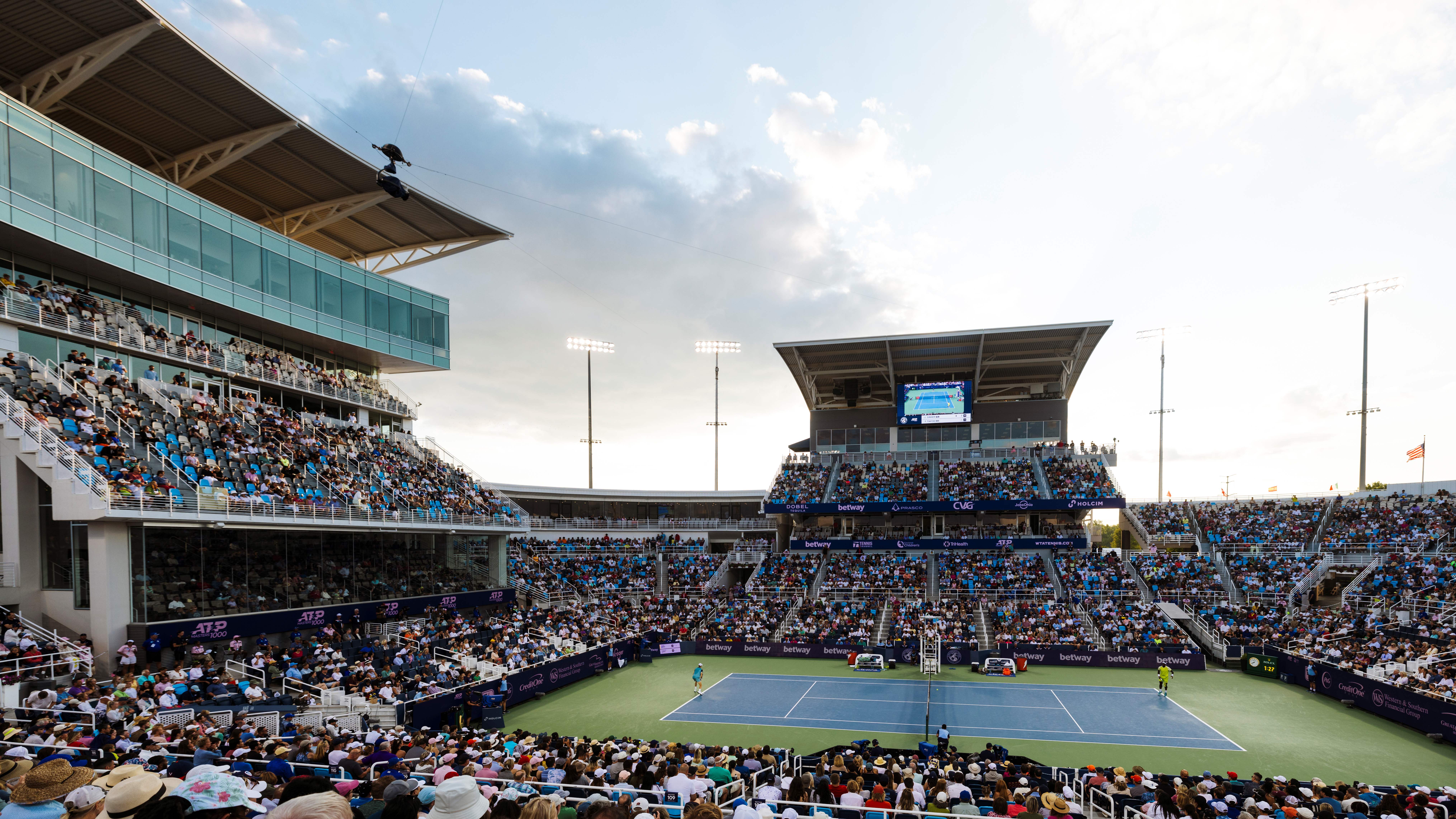 A fan filled Center Court at dusk.