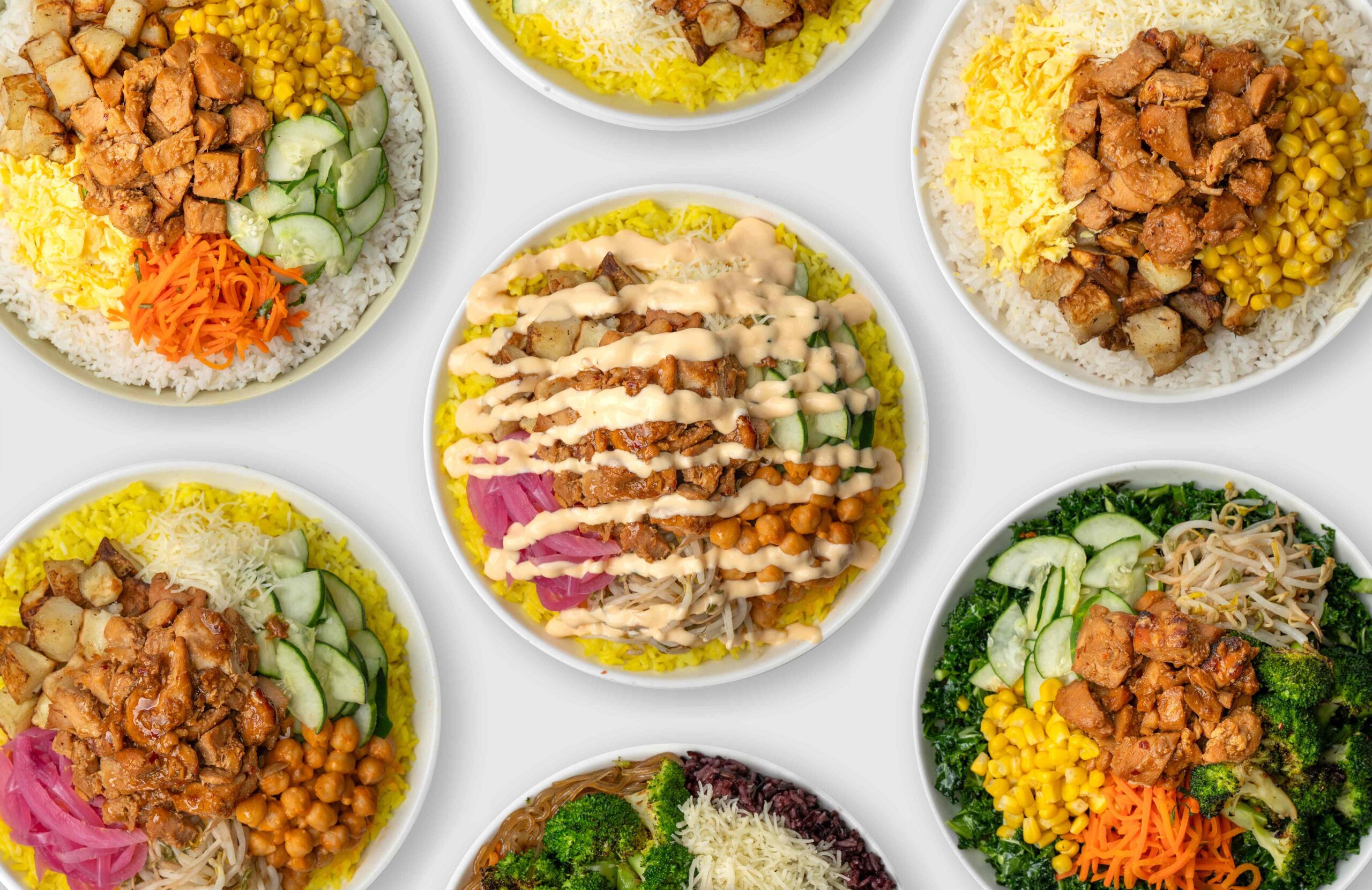 Various examples of BibiBop dishes and food.