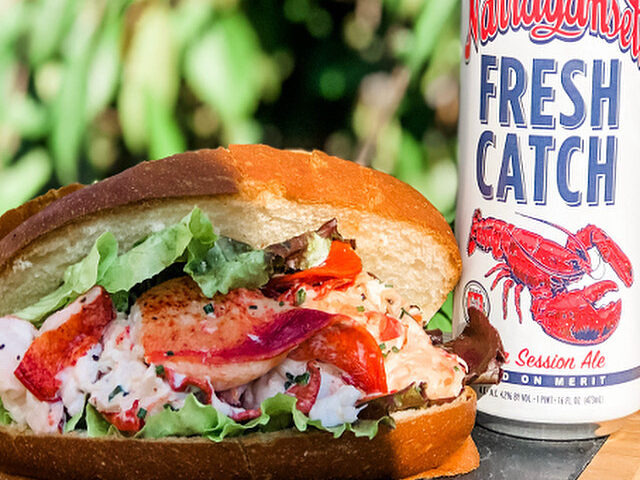 Lobsta Bakes of Maine lobster roll and Narragansett fresh catch beer