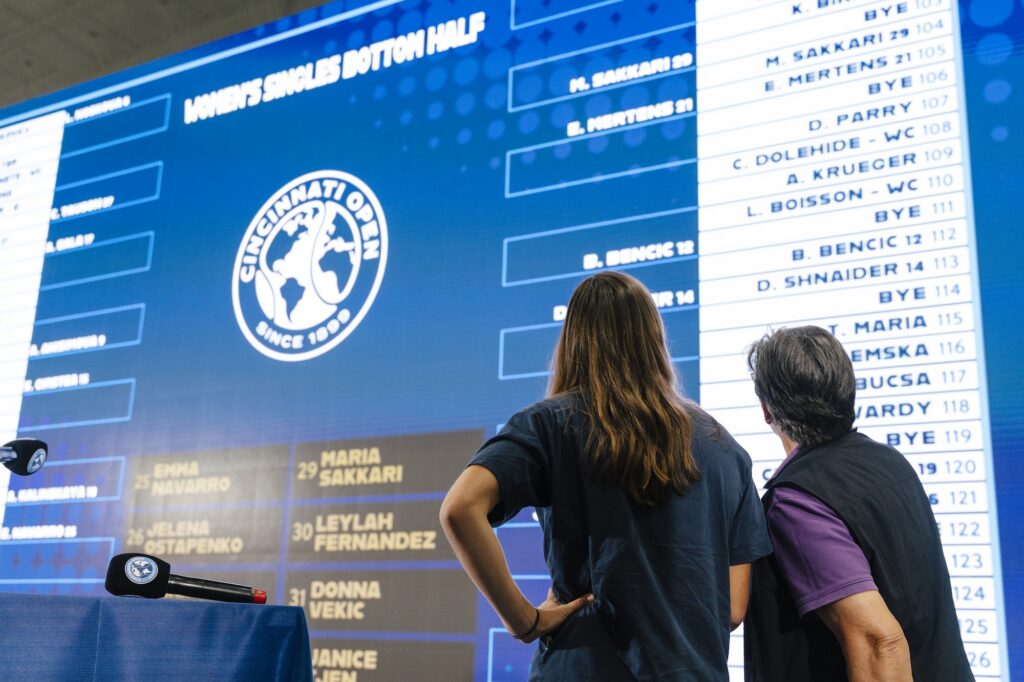 Two officials look up at the electronic draw display