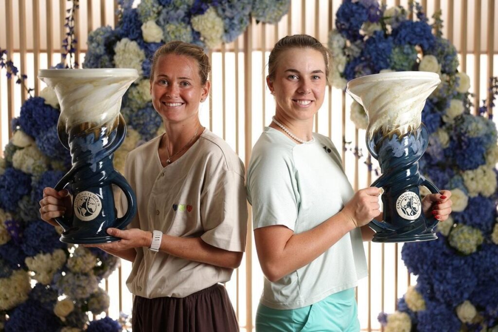 Linda Noskova and Marie Bouzkova stand back-to-back smiling and each holding a large blue and white Cincinnati Open trophy. They are posed in front of a backdrop decorated with blue and white flowers.