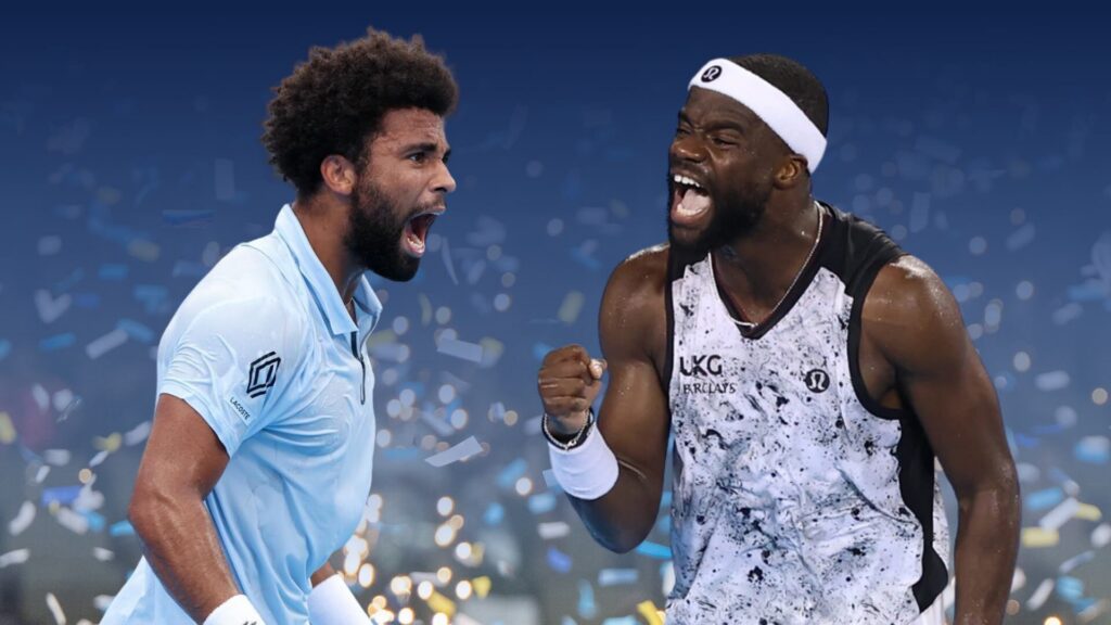Arthur Fils and Frances Tiafoe celebrate passionately with clenched fists and open mouths against a background of confetti.