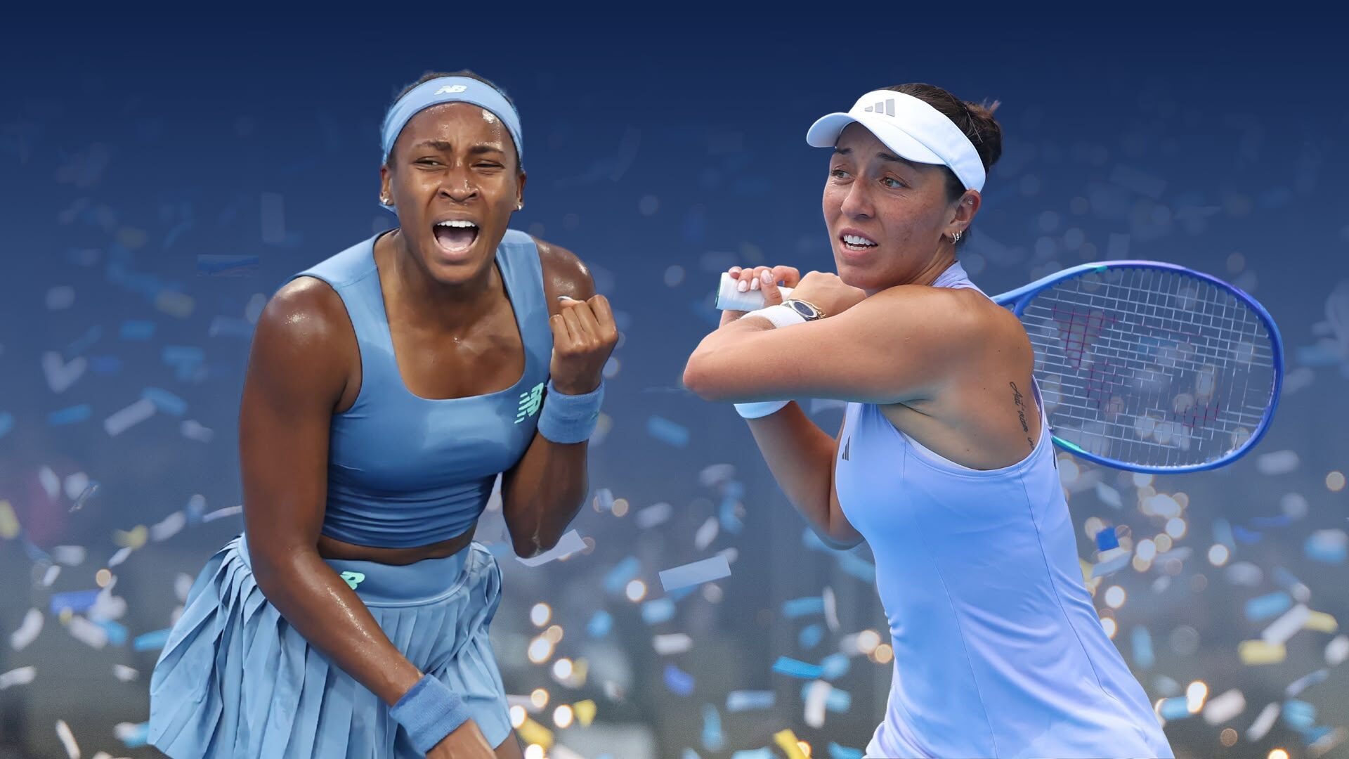 Coco Gauff cheers with a clenched fist while Jessica Pegula prepares to hit a backhand tennis shot amid falling confetti.